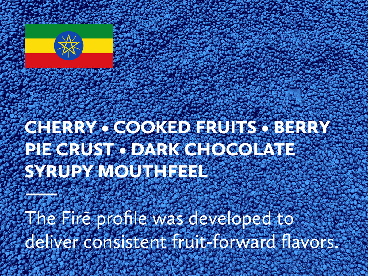 Coffee infographic with tasting notes and Ethiopian flag on a blue background over an image of coffee fruit drying as a natural process.