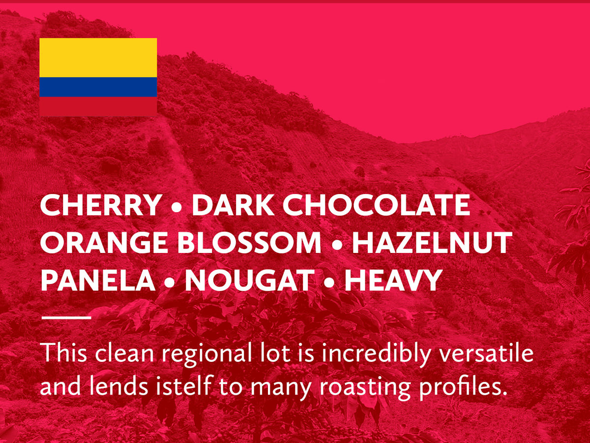 Coffee infographic with tasting notes and Colombian flag on a red background.