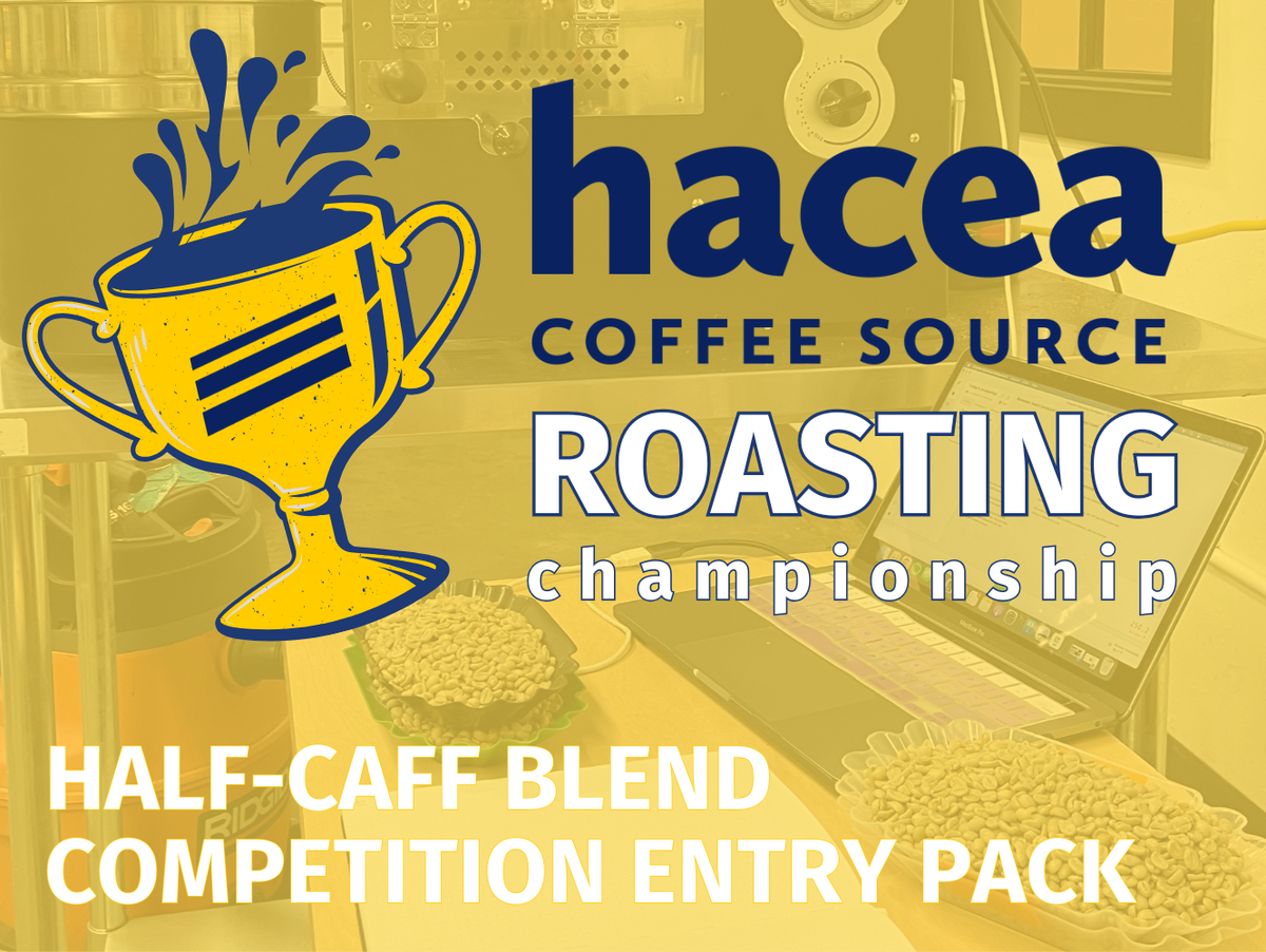 Infographic for Hacea Coffee Source Roasting Championship with a coffee cup graphic on a yellow background.
