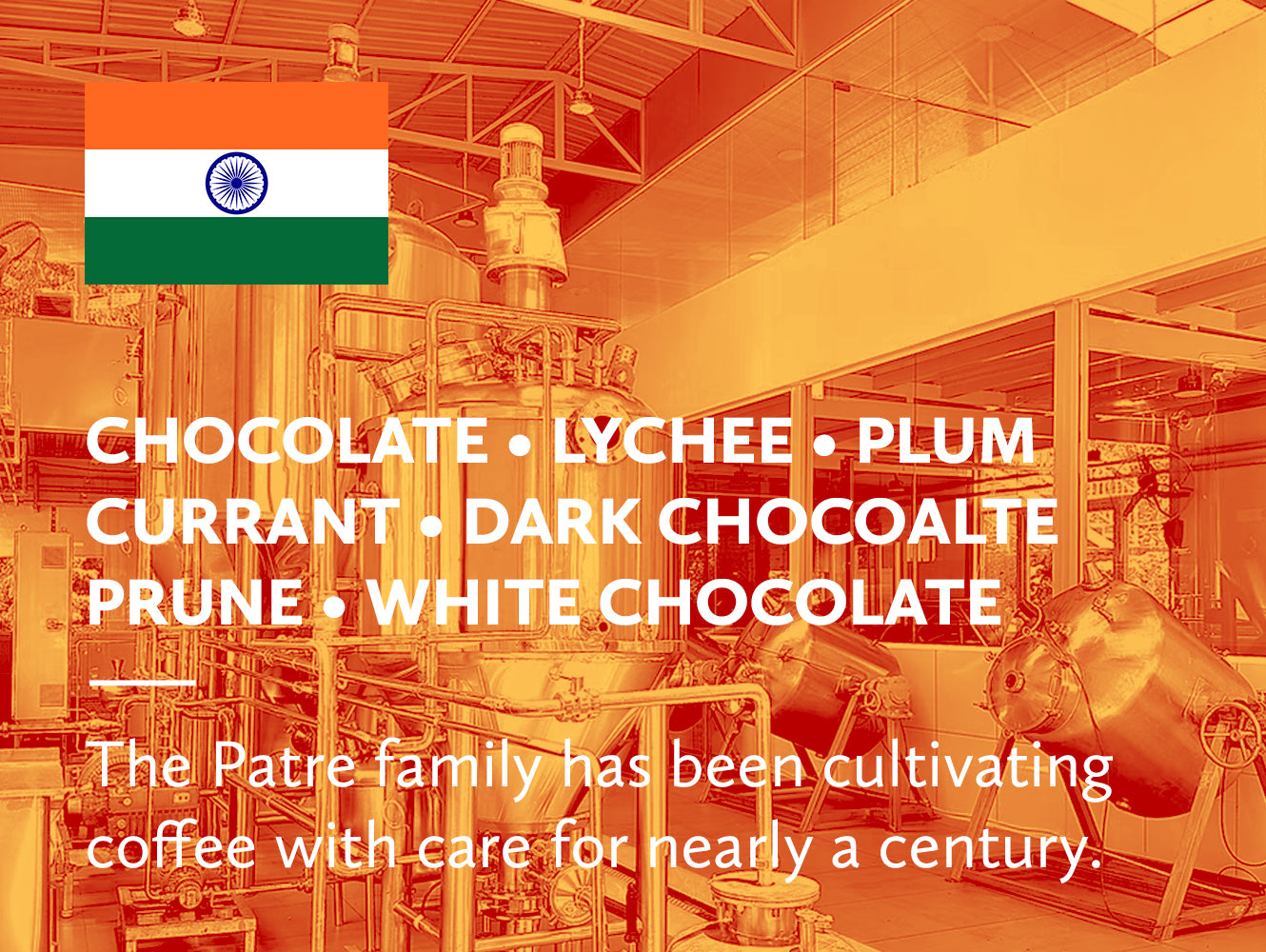 Coffee infographic with tasting notes and Indian flag on orange background.