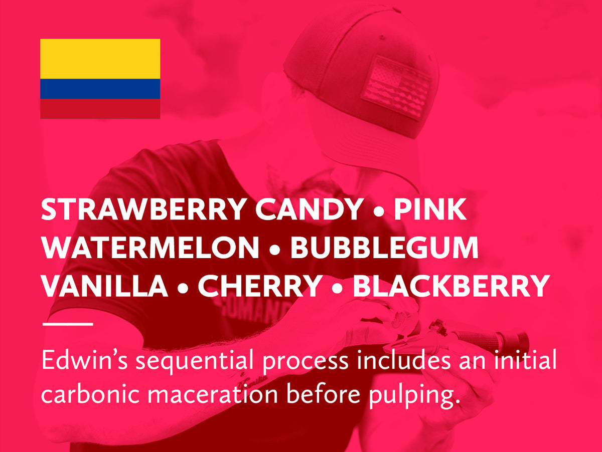 Coffee infographic with tasting notes and Colombian flag on a red background. 