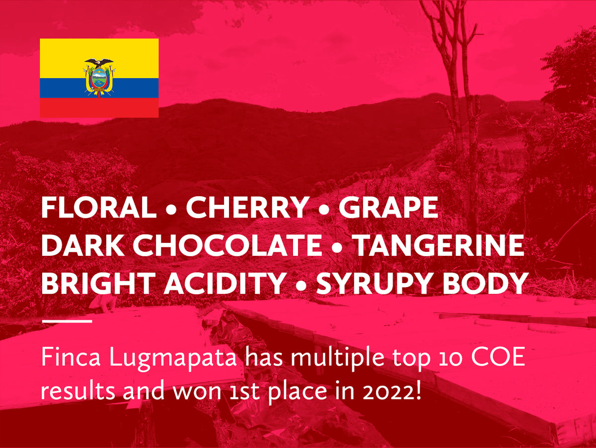 Red background with text describing coffee flavor profile and Finca Lugmapata's achievements, featuring the Ecuadorian flag.