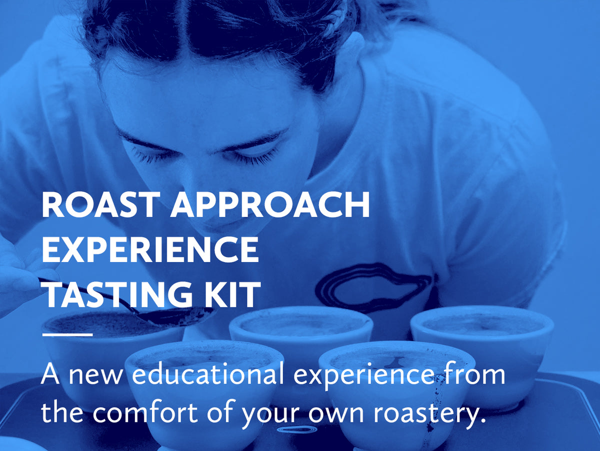 Person with a blue filter cupping coffee, with text about an educational roasting experience pack.