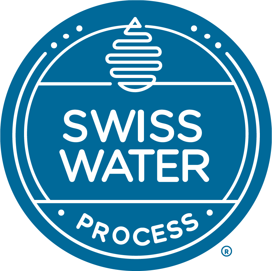 Swiss Water Decaf Logo. White text on blue background.